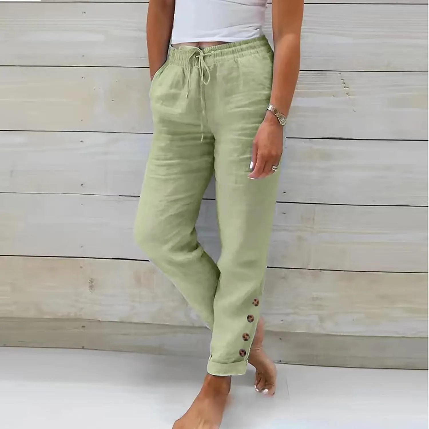 2024 Linen Crop Pants for Women Casual Summer Drawstring High Waisted Joggers with Pockets Straight Leg Cropped Pants