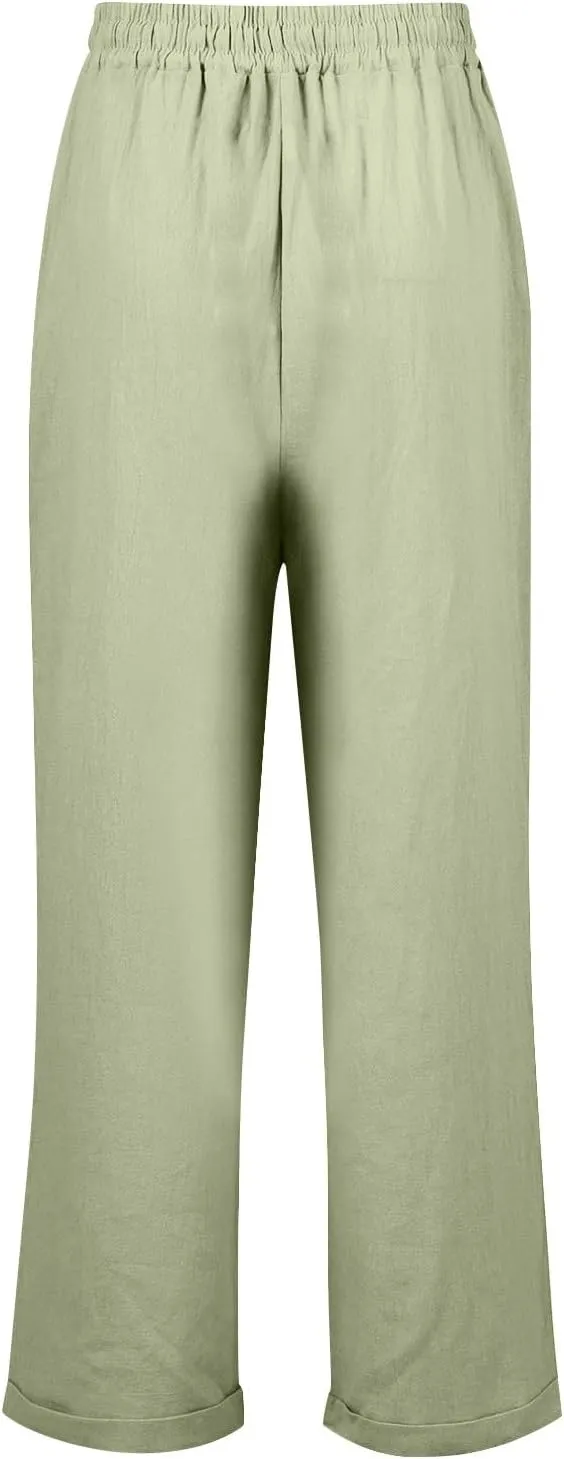 2024 Linen Crop Pants for Women Casual Summer Drawstring High Waisted Joggers with Pockets Straight Leg Cropped Pants