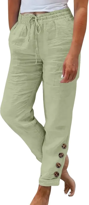 2024 Linen Crop Pants for Women Casual Summer Drawstring High Waisted Joggers with Pockets Straight Leg Cropped Pants