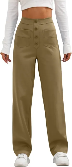 2024 Women's Casual Work Pants High Waisted Wide Leg Office Pants Stretchy Button Down Trousers with Multiple Pockets
