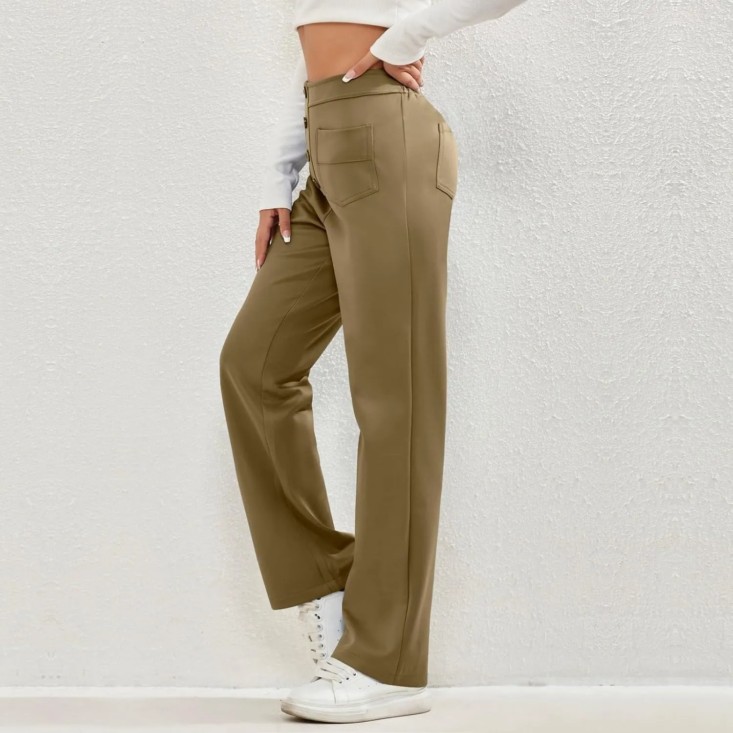 2024 Women's Casual Work Pants High Waisted Wide Leg Office Pants Stretchy Button Down Trousers with Multiple Pockets