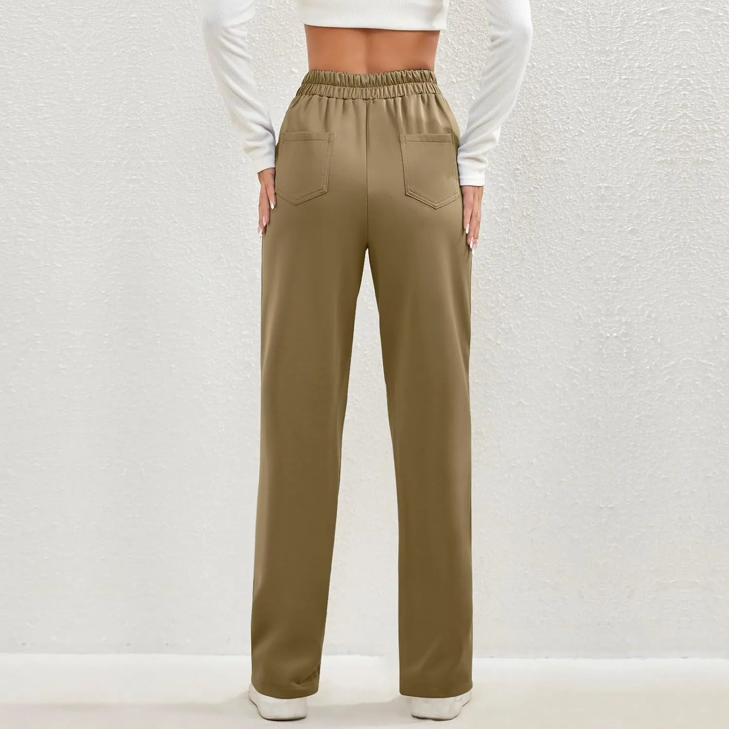 2024 Women's Casual Work Pants High Waisted Wide Leg Office Pants Stretchy Button Down Trousers with Multiple Pockets