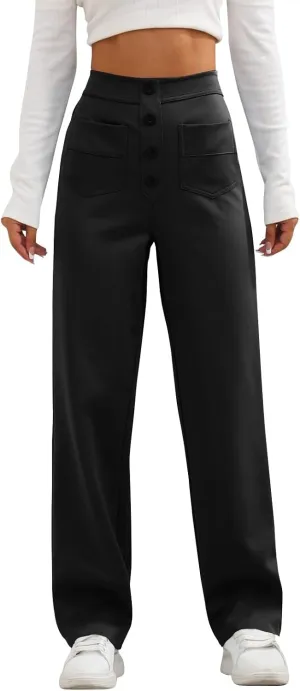 2024 Women's Casual Work Pants High Waisted Wide Leg Office Pants Stretchy Button Down Trousers with Multiple Pockets