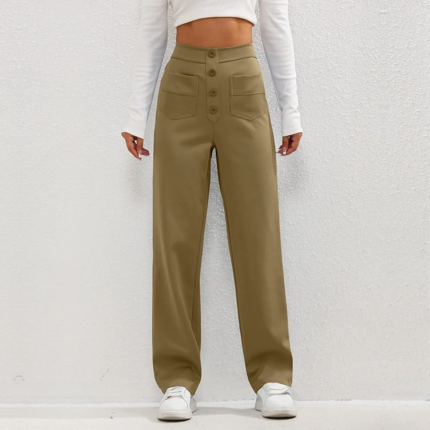 2024 Women's Casual Work Pants High Waisted Wide Leg Office Pants Stretchy Button Down Trousers with Multiple Pockets