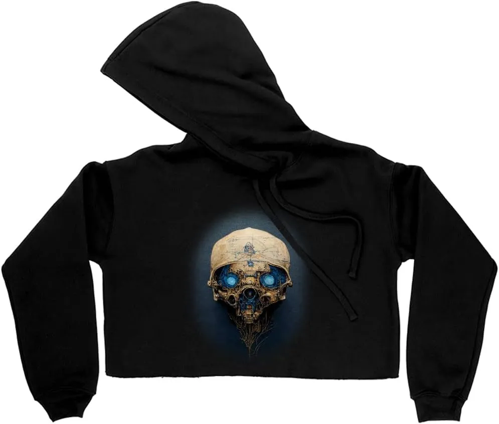 Abstract Skull Painting Women's Cropped Fleece Hoodie - Skull Design Cropped Hoodie for Women