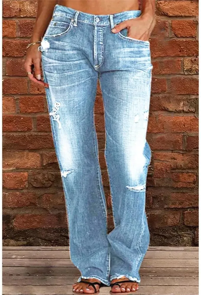 Akivide Women's Baggy Ripped Wide Leg Jeans Causal Loose Fit Boyfriend Distressed Straight Leg Denim Pants