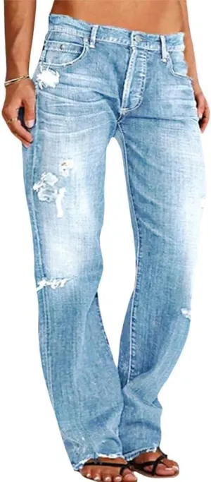 Akivide Women's Baggy Ripped Wide Leg Jeans Causal Loose Fit Boyfriend Distressed Straight Leg Denim Pants