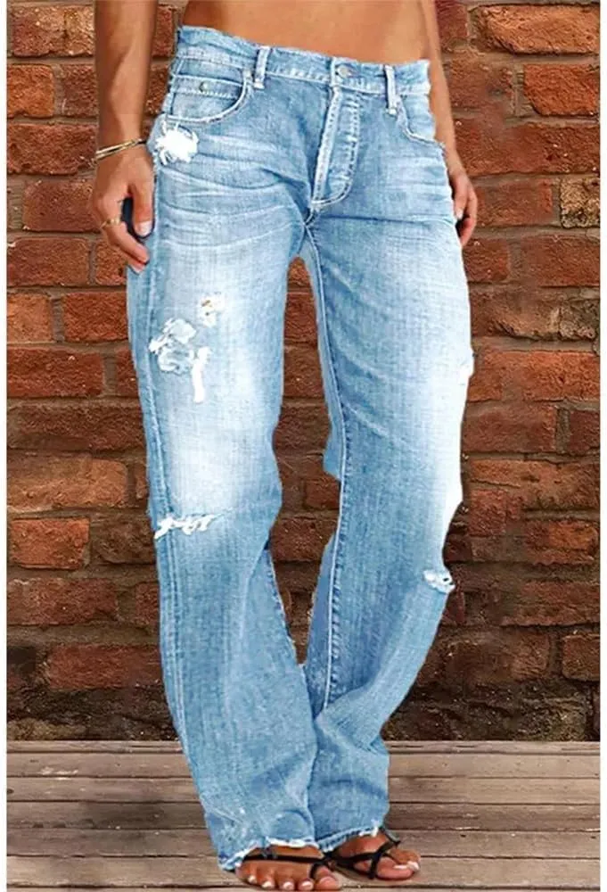 Akivide Women's Baggy Ripped Wide Leg Jeans Causal Loose Fit Boyfriend Distressed Straight Leg Denim Pants