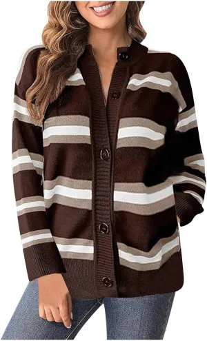 Akklian Women's Cropped Striped Chunky Knit Cardigans Sweaters Trendy Long Sleeve Button Down Sweater Tops 2024 Fall Outfits