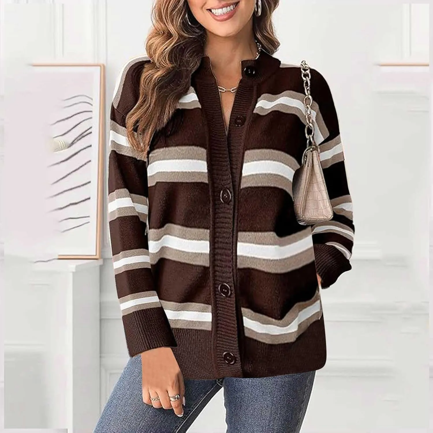 Akklian Women's Cropped Striped Chunky Knit Cardigans Sweaters Trendy Long Sleeve Button Down Sweater Tops 2024 Fall Outfits