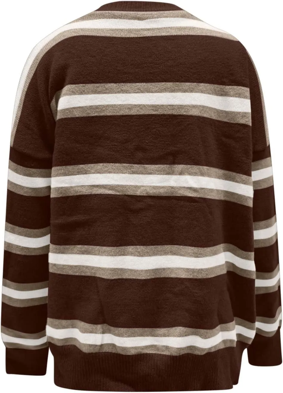 Akklian Women's Cropped Striped Chunky Knit Cardigans Sweaters Trendy Long Sleeve Button Down Sweater Tops 2024 Fall Outfits