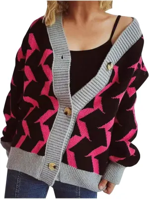 Akklian Womens Fashion Casual Cardigan Sweaters Geometric Print Long Sleeve Button Down Fuzzy Chunky Oversized Knit Sweater