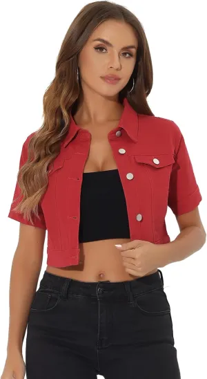 Allegra K Casual Jacket for Women's Short Sleeves Crop Jean Denim Jacket