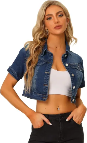 Allegra K Casual Jacket for Women's Short Sleeves Crop Jean Denim Jacket