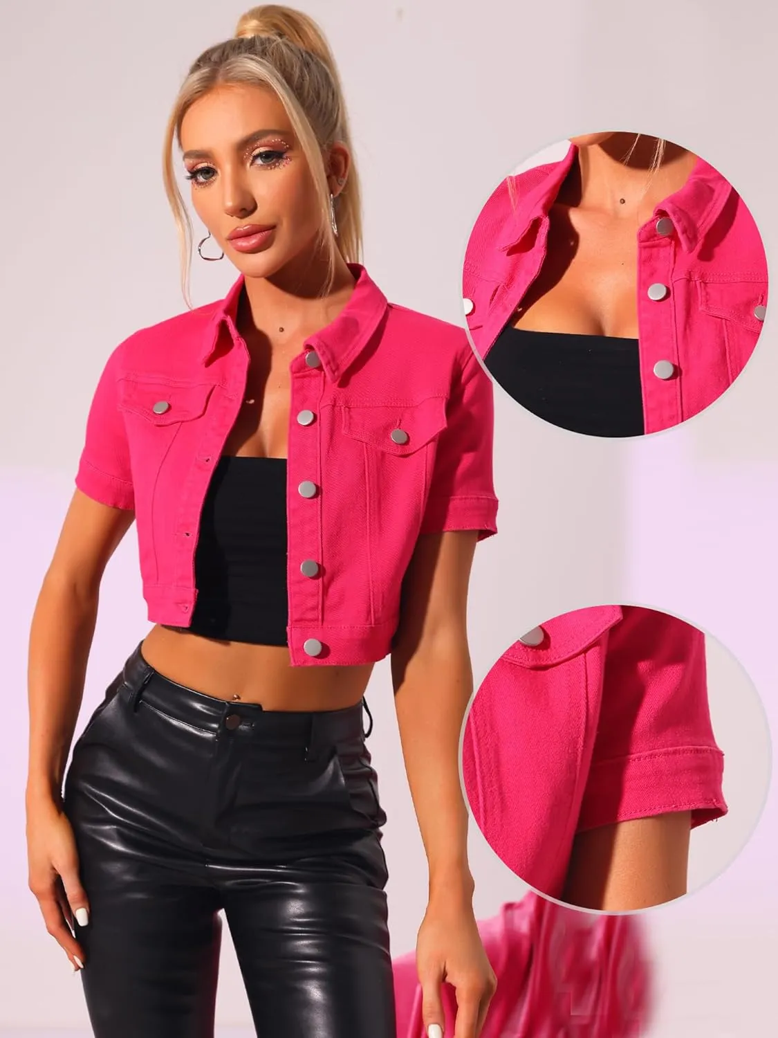 Allegra K Casual Jacket for Women's Short Sleeves Crop Jean Denim Jacket