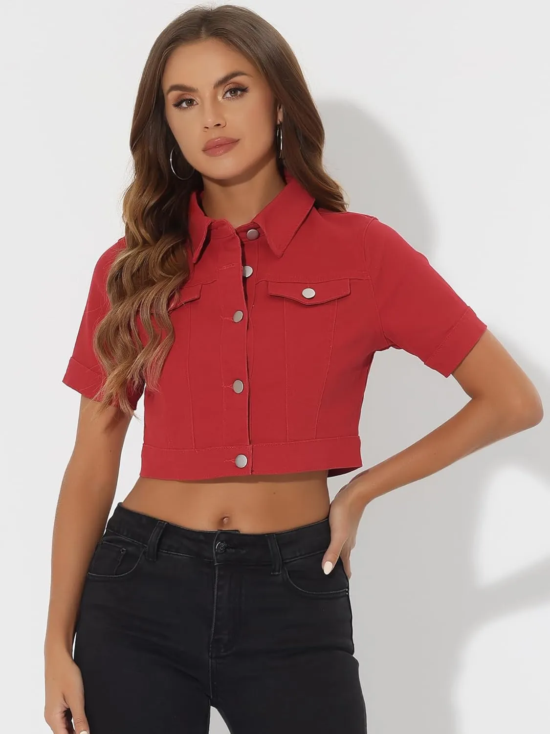 Allegra K Casual Jacket for Women's Short Sleeves Crop Jean Denim Jacket