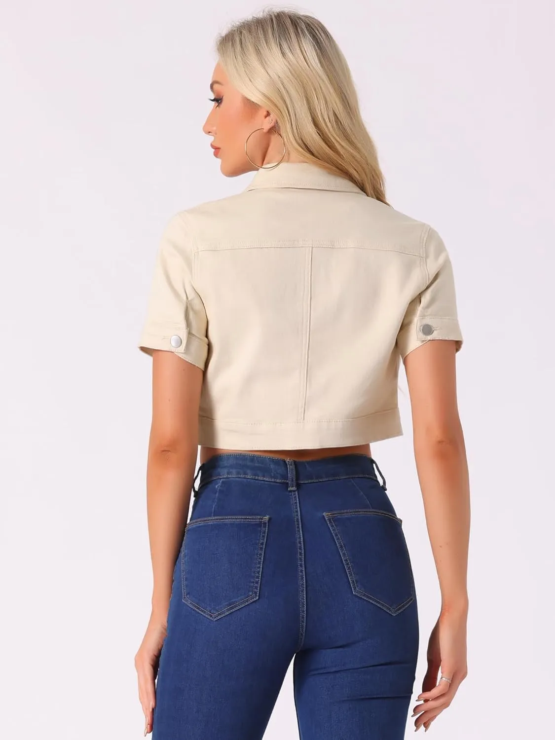 Allegra K Casual Jacket for Women's Short Sleeves Crop Jean Denim Jacket