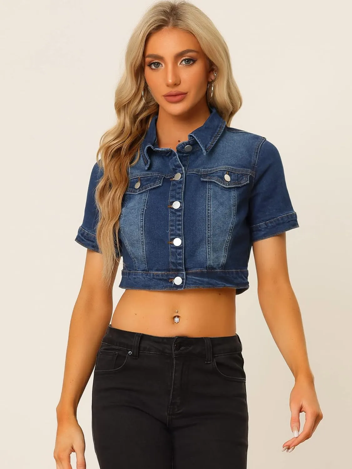 Allegra K Casual Jacket for Women's Short Sleeves Crop Jean Denim Jacket