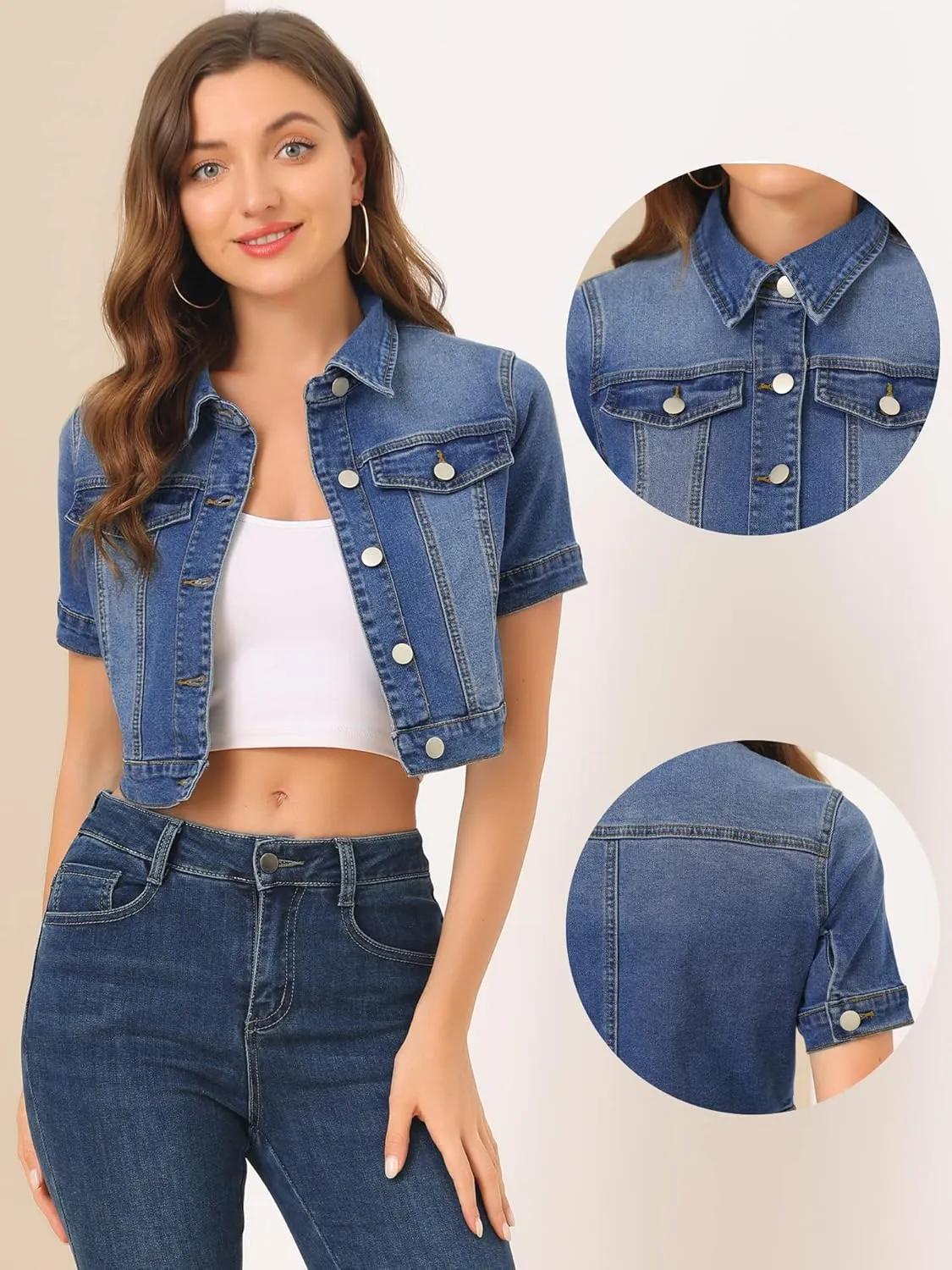 Allegra K Casual Jacket for Women's Short Sleeves Crop Jean Denim Jacket