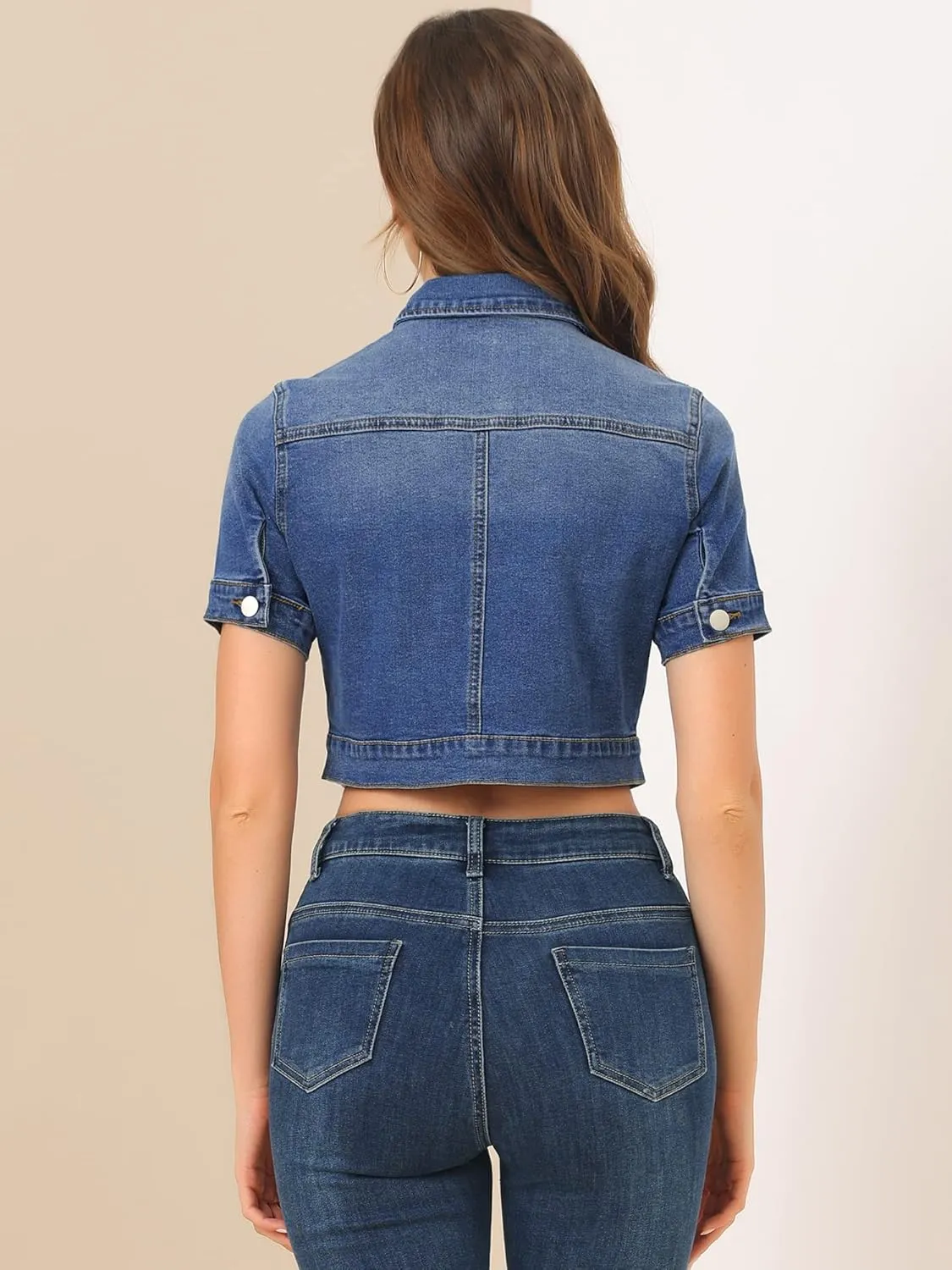 Allegra K Casual Jacket for Women's Short Sleeves Crop Jean Denim Jacket