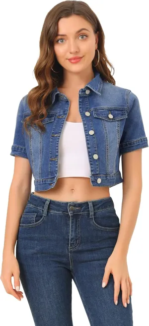 Allegra K Casual Jacket for Women's Short Sleeves Crop Jean Denim Jacket