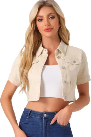 Allegra K Casual Jacket for Women's Short Sleeves Crop Jean Denim Jacket