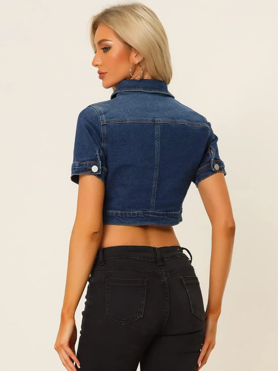 Allegra K Casual Jacket for Women's Short Sleeves Crop Jean Denim Jacket