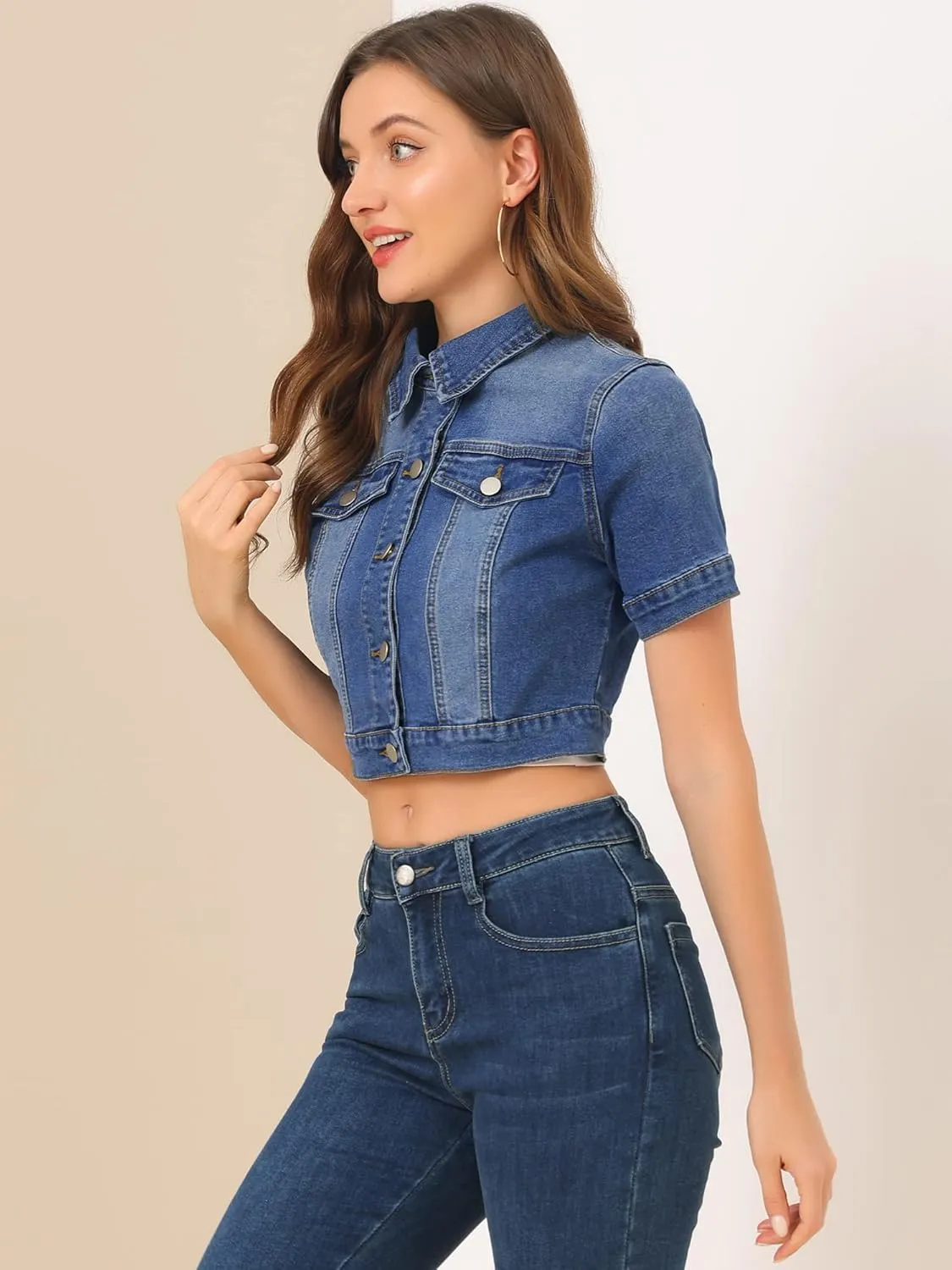 Allegra K Casual Jacket for Women's Short Sleeves Crop Jean Denim Jacket