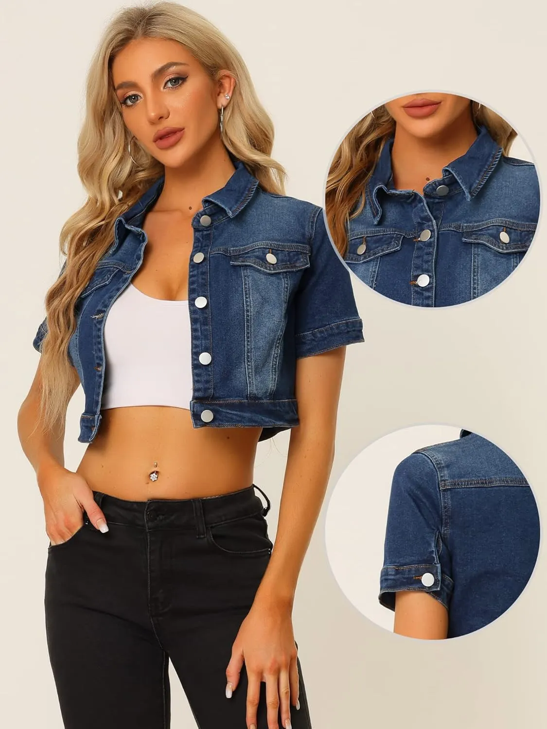 Allegra K Casual Jacket for Women's Short Sleeves Crop Jean Denim Jacket