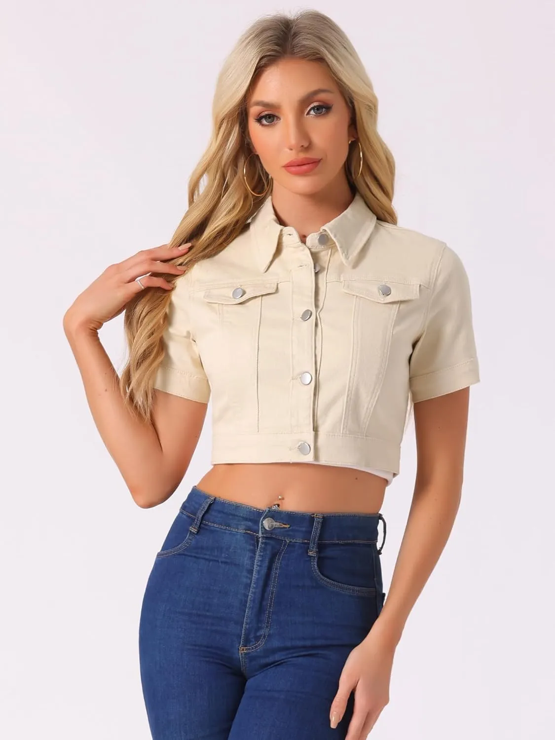 Allegra K Casual Jacket for Women's Short Sleeves Crop Jean Denim Jacket