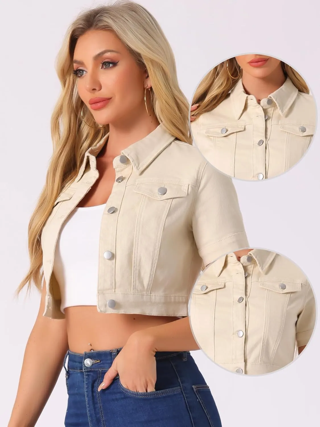 Allegra K Casual Jacket for Women's Short Sleeves Crop Jean Denim Jacket