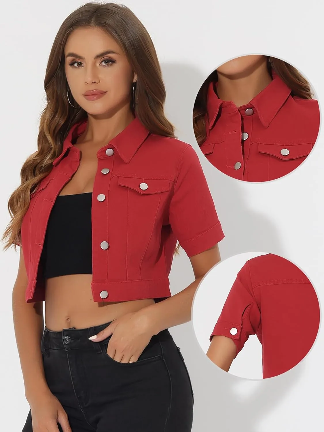 Allegra K Casual Jacket for Women's Short Sleeves Crop Jean Denim Jacket