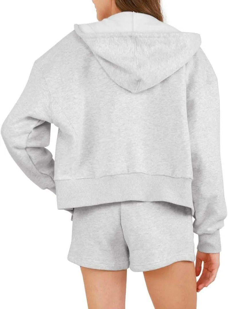 Amazhiyu Women's Cropped Zip-Up Drawstring Hoodie Fleece Full Zip Casual Jacket