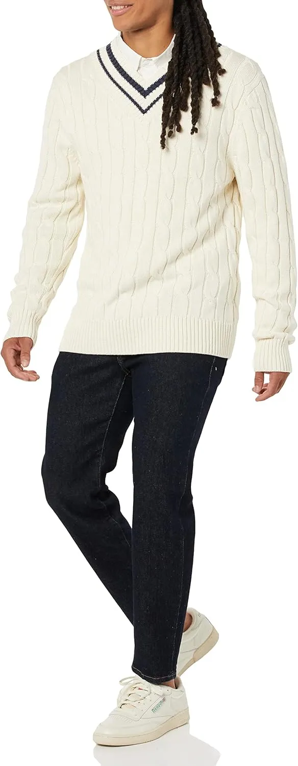 Amazon Essentials Men's Cable Knit V-Neck Sweater