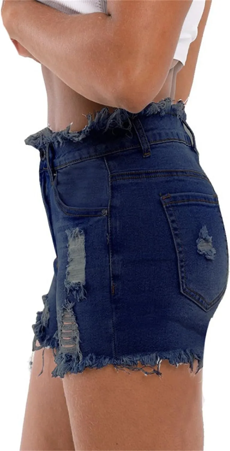 Andongnywell Jean Shorts Women Stretch High Waisted Ripped Denim Shorts with Pockets Summer Trendy Distressed Cut-Off Shorts