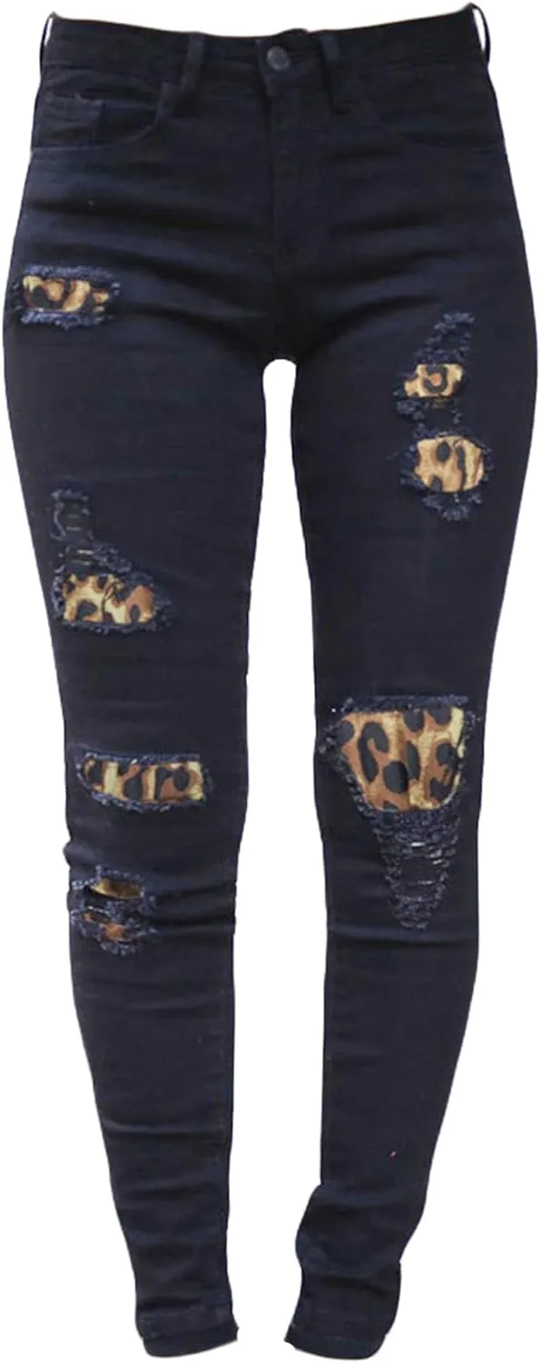 Andongnywell Women Ripped Hole Skinny Jeans Pockets Leopard Butt Lifting Distressed Denim Pants Stretchy Jeans