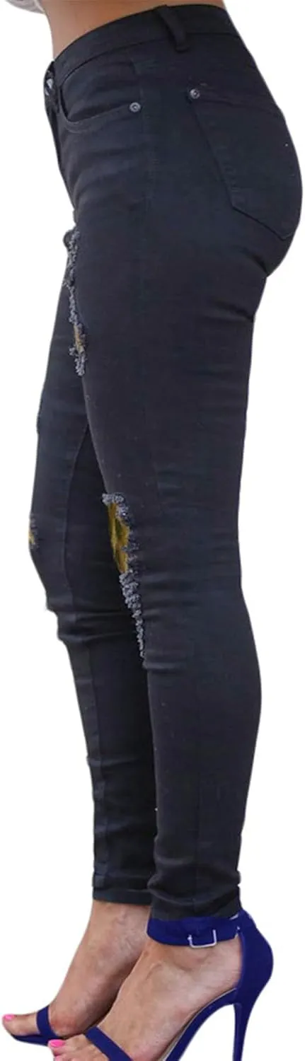 Andongnywell Women Ripped Hole Skinny Jeans Pockets Leopard Butt Lifting Distressed Denim Pants Stretchy Jeans