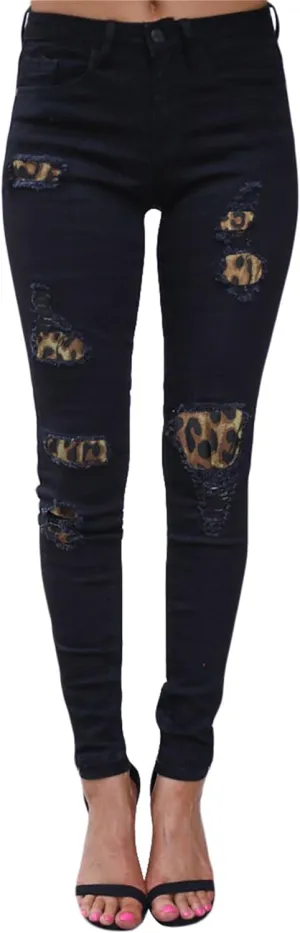 Andongnywell Women Ripped Hole Skinny Jeans Pockets Leopard Butt Lifting Distressed Denim Pants Stretchy Jeans