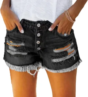 Andongnywell Womens Ripped Frayed Denim Shorts High Waisted Casual Distressed Ripped Shorts Raw Hem Jeans-Shorts
