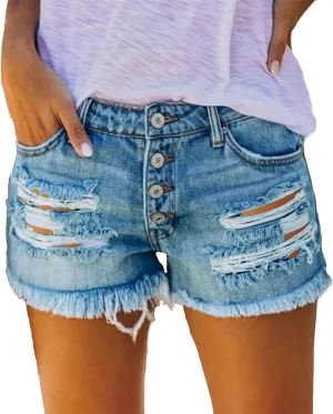 Andongnywell Womens Ripped Frayed Denim Shorts High Waisted Casual Distressed Ripped Shorts Raw Hem Jeans-Shorts