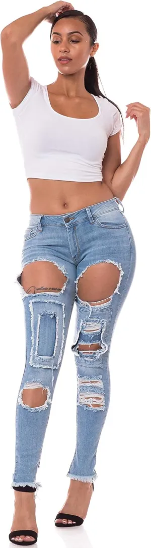 Aphrodite Mid Rise Jeans for Women - Skinny Stretch Womens Distressed Ripped Jeans