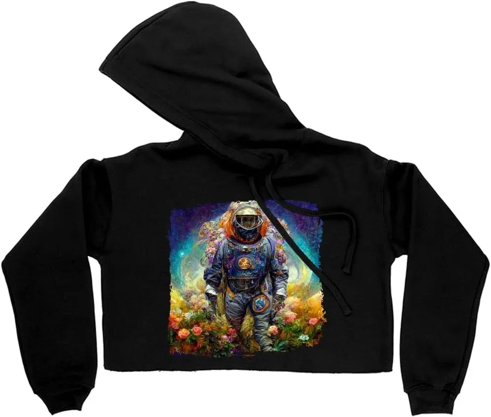 Astronaut Flower Background Women's Cropped Fleece Hoodie - Painting Cropped Hoodie for Women