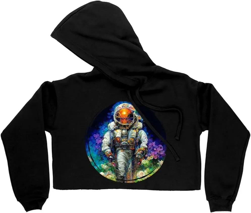 Astronaut Women's Cropped Fleece Hoodie - Absrtact Cropped Hoodie for Women - Space Hooded Sweatshirt