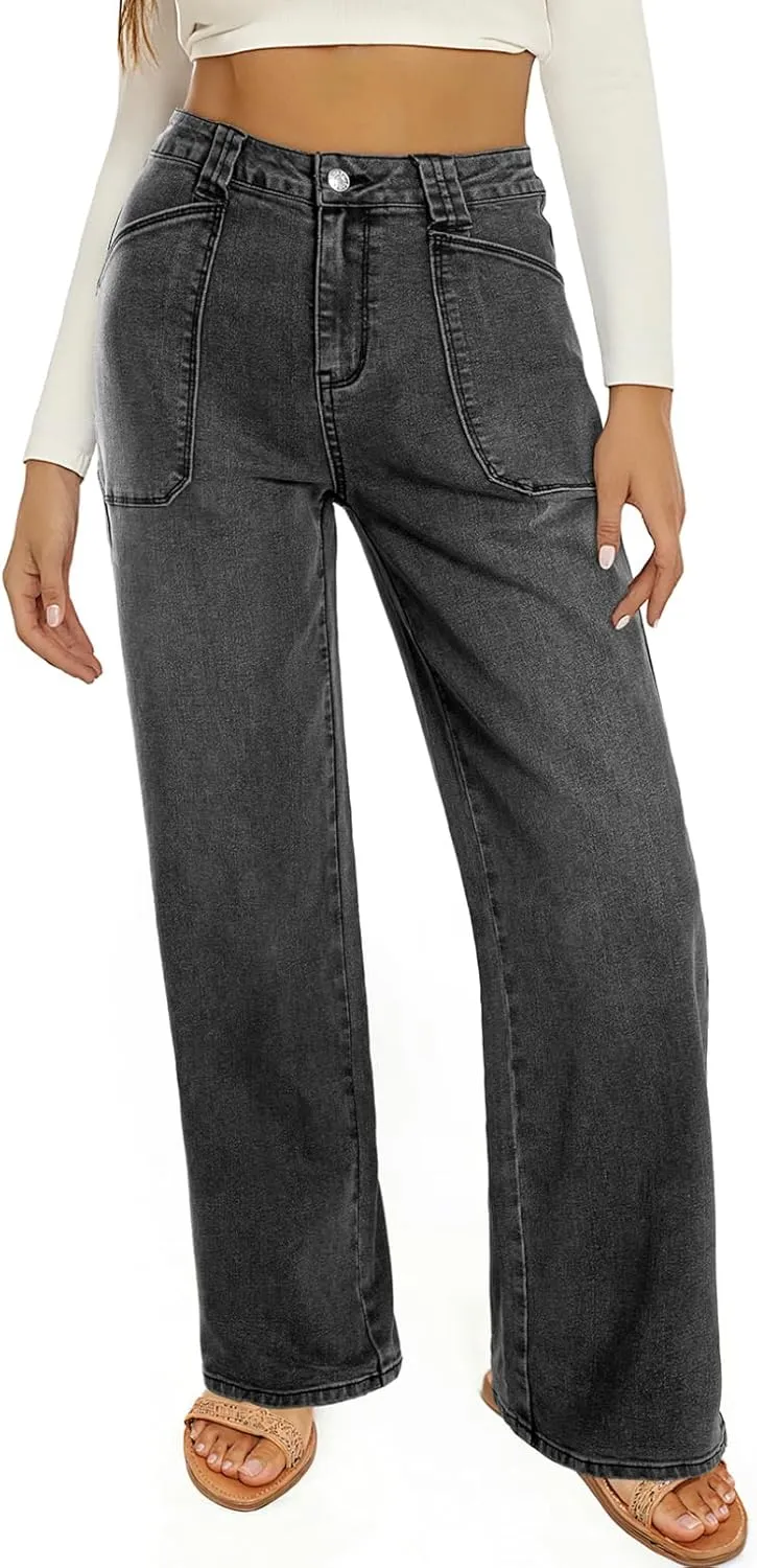 Astylish Women‘s High Waisted Straight Leg Jeans Stretchy Wide Leg Jeans Trendy Denim Pants