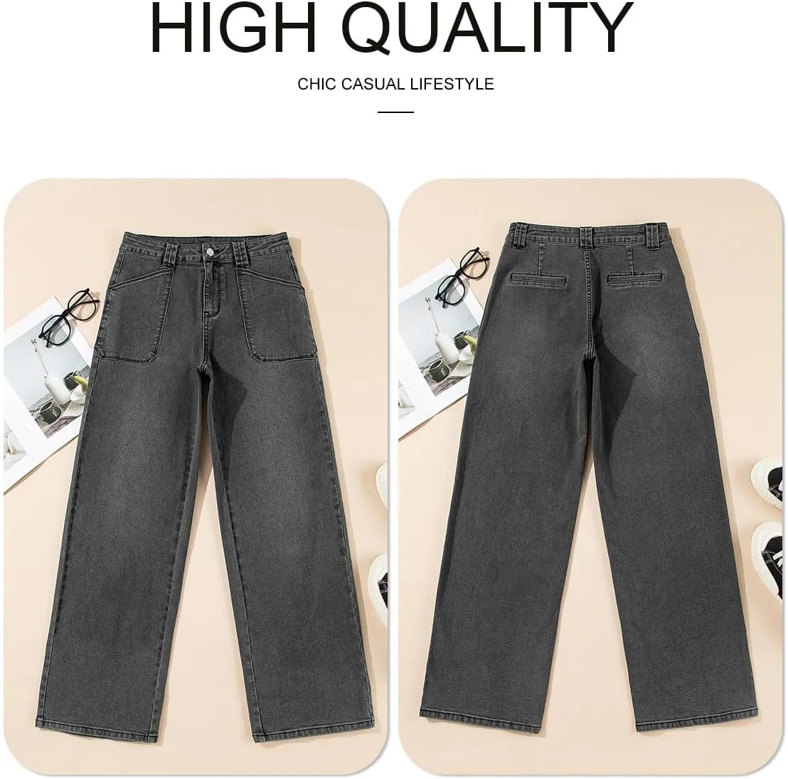 Astylish Women‘s High Waisted Straight Leg Jeans Stretchy Wide Leg Jeans Trendy Denim Pants