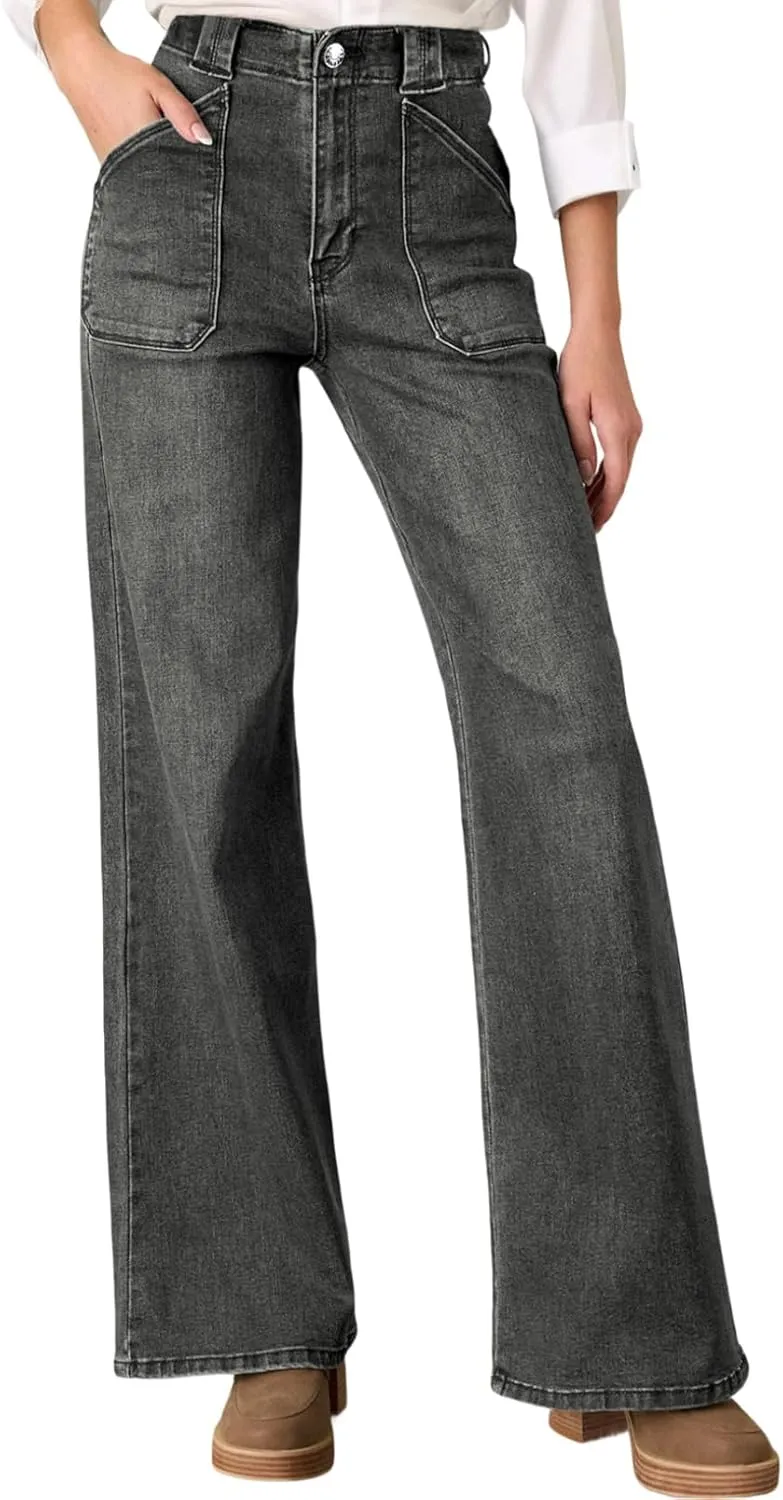 Astylish Women‘s High Waisted Straight Leg Jeans Stretchy Wide Leg Jeans Trendy Denim Pants