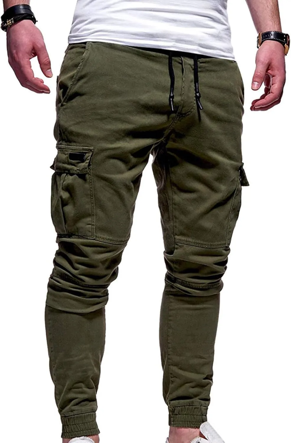 Aymnlox Mens Slim Fit Pants Elastic Waist Drawstring Solid Casual Joggers Sweatpants Fall Classic Workout Tapered Trousers