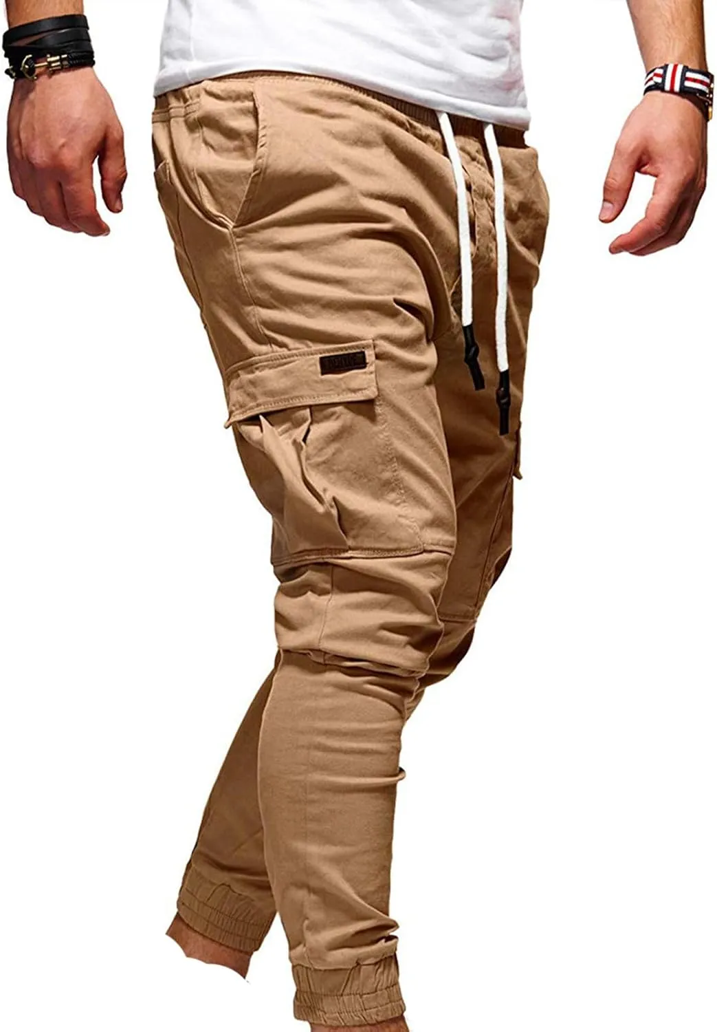 Aymnlox Mens Slim Fit Pants Elastic Waist Drawstring Solid Casual Joggers Sweatpants Fall Classic Workout Tapered Trousers