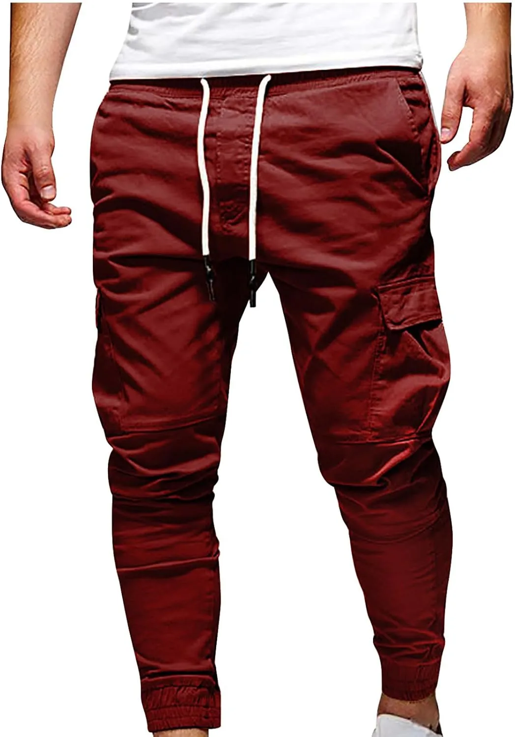 Aymnlox Mens Slim Fit Pants Elastic Waist Drawstring Solid Casual Joggers Sweatpants Fall Classic Workout Tapered Trousers