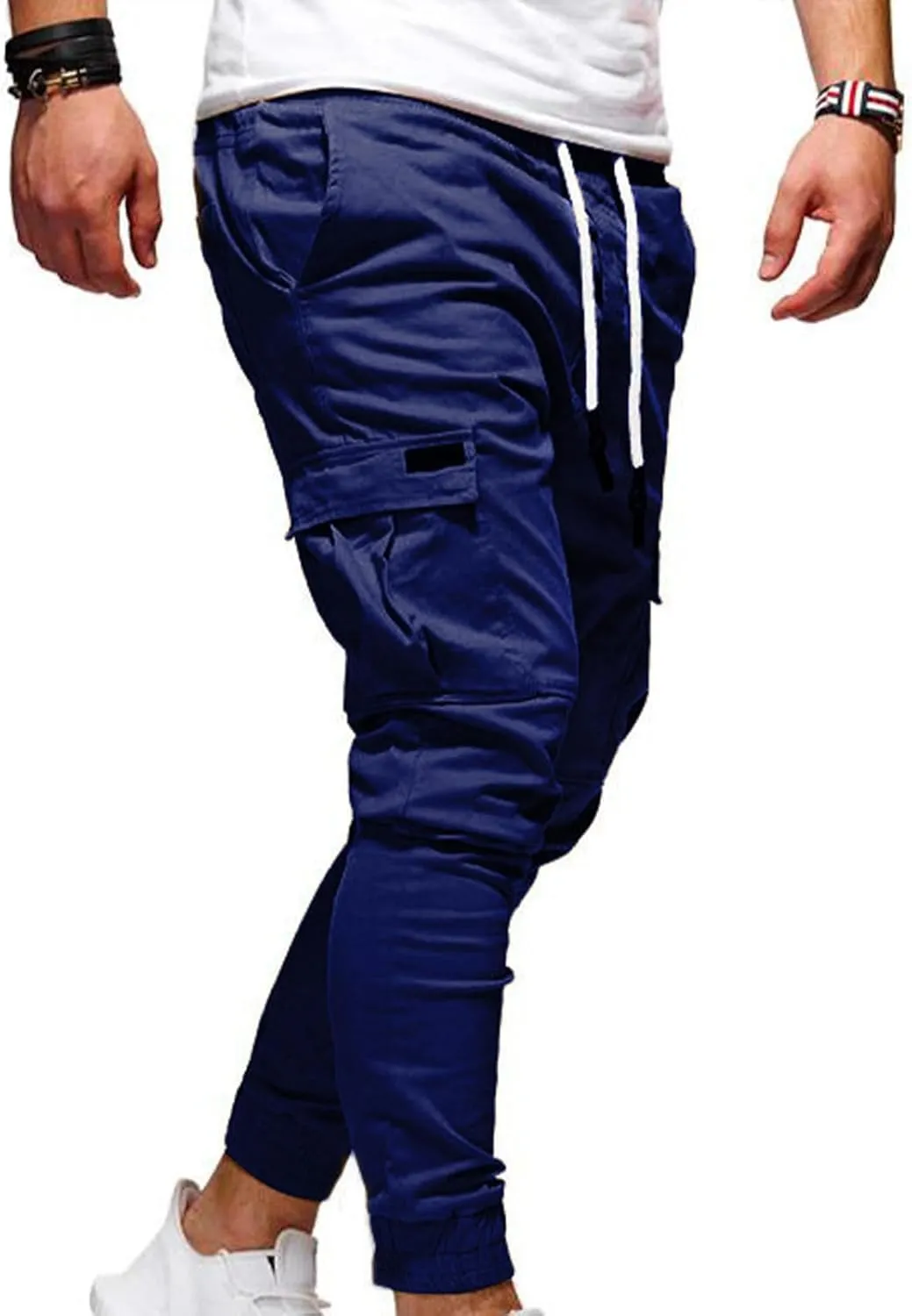 Aymnlox Mens Slim Fit Pants Elastic Waist Drawstring Solid Casual Joggers Sweatpants Fall Classic Workout Tapered Trousers